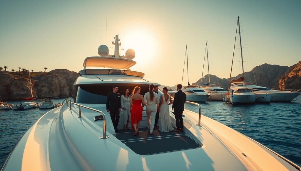 A luxurious yacht docked in a picturesque harbor, its sleek lines and gleaming white hull reflecting the warm glow of the setting sun. In the foreground, a group of well-dressed couples board the vessel, their faces filled with excitement as they embark on a private charter adventure. The middle ground is dotted with other impressive yachts, their masts reaching towards the cloudless sky. In the background, a stunning coastal landscape unfolds, complete with rugged cliffs, swaying palm trees, and a sparkling azure sea. The scene is captured with a wide-angle lens, inviting the viewer to imagine the freedom and tranquility of a private boat charter expedition.