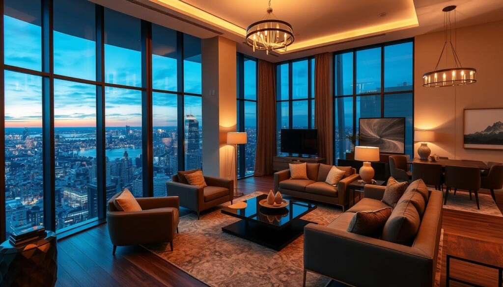A luxuriously appointed, high-end furnished apartment interior with expansive floor-to-ceiling windows overlooking a breathtaking cityscape at dusk. Plush, contemporary furniture in muted earth tones, including a deep leather sofa, armchairs, and a sleek coffee table. Warm, indirect lighting casts a cozy glow, complemented by modern chandeliers and subtle accent lamps. Wooden floors, designer area rugs, and tasteful artwork adorn the walls, conveying an atmosphere of refined sophistication. Through the windows, a panoramic view of the city skyline sparkles with lights, creating a serene and tranquil ambiance.