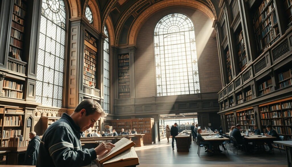 A magnificent library, its grand facade reflecting the passage of time. Sunlight streams through towering windows, illuminating the intricate shelves brimming with knowledge. In the foreground, a scholar peruses an ancient tome, lost in contemplation. The middle ground reveals a bustling hub, where patrons browse digital archives and collaborate at communal tables. In the background, a state-of-the-art media lab hums with activity, as researchers harness technology to unlock new frontiers of understanding. The atmosphere is one of reverence and discovery, a gateway to the infinite realms of the mind.