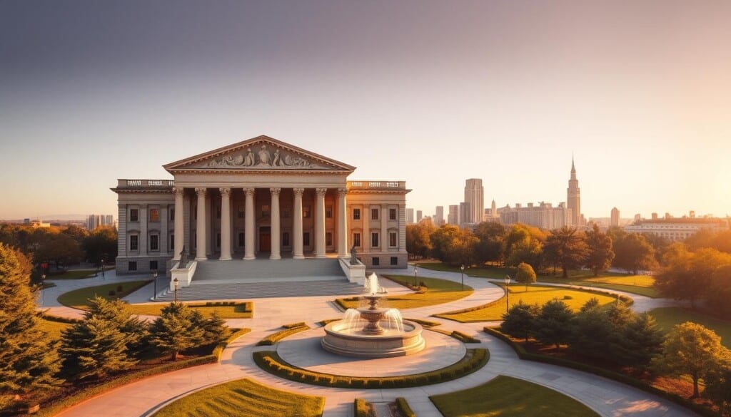 A majestic, neoclassical courthouse stands tall, its grand columns and ornate facade illuminated by warm, golden sunlight. Surrounding it, a sprawling plaza with lush greenery and a central fountain creates a serene, dignified atmosphere. In the distance, the city skyline rises, a testament to the courthouse's enduring place at the heart of the community. The image captures the evolution of American courthouse architecture, from its classical roots to the modern era, showcasing the timeless elegance and civic pride embodied in these iconic structures.