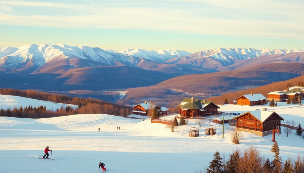 A majestic panorama of the Northeast's premier ski resorts, with towering snow-capped peaks and pristine ski slopes blanketed in a powdery white mantle. In the foreground, skiers gracefully carve turns on well-groomed trails, their vibrant outfits contrasting against the crisp, clear sky. In the middle ground, ski lodges and lifts dot the landscape, their rustic architecture and warm lighting inviting visitors to indulge in après-ski delights. The background is dominated by a breathtaking vista of rugged, tree-covered mountains, their slopes dotted with challenging black diamond runs and gentle, family-friendly trails. Warm, golden lighting casts a cozy, inviting glow over the entire scene, capturing the essence of the Northeast's premier winter wonderlands.