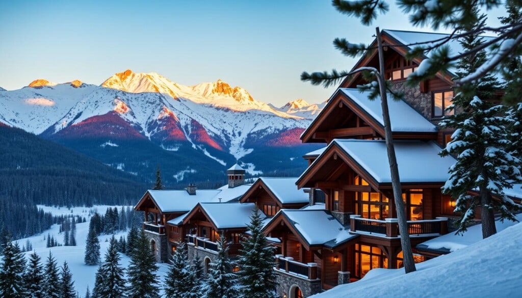 A majestic snow-capped mountain range provides the backdrop for a luxurious ski resort nestled in a pristine alpine valley. The foreground features a grand, timber-framed chalet with a wraparound porch, its warm lighting casting a cozy glow. Guests enjoy sipping hot cocoa by a crackling fireplace or gliding down immaculately groomed slopes on state-of-the-art skis. Discrete yet attentive staff cater to every need, ensuring a seamless and indulgent experience. Soft, golden hour lighting filters through the pine trees, creating a serene and picturesque scene of unparalleled winter opulence.