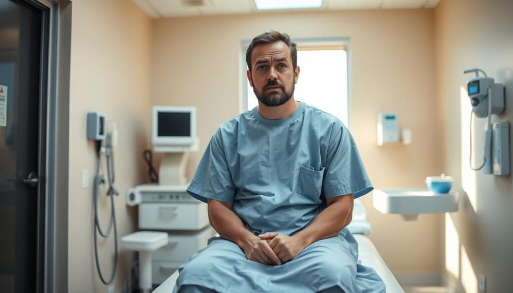 A man sitting on an exam table, wearing a hospital gown, preparing for a proctologist appointment. The room is brightly lit with warm, natural lighting coming in through a window. Medical equipment and supplies are visible in the background, conveying a clinical setting. The man has a slightly anxious expression on his face, reflecting the apprehension often associated with this type of medical procedure. The prompt captures the mood of the scene, with a focus on the patient's experience and the practical elements of the medical setting.