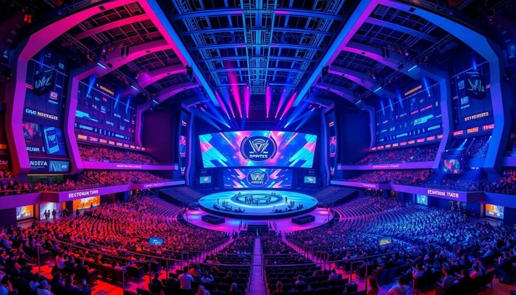 A massive, futuristic esports arena with grand, sweeping architecture. The exterior features sleek, angular lines and gleaming glass facades that reflect the vibrant lights from within. The interior is a vast, cavernous space with towering ceilings, state-of-the-art lighting rigs, and a massive, curved digital screen dominating the center stage. Rows of comfortable seating and luxury skyboxes surround the central arena, where the best esports teams compete in intense, high-stakes matches. The atmosphere is electric, with excited fans cheering and the air thrumming with the energy of competitive gaming. The scene is illuminated by vivid, neon-infused lighting that casts a futuristic glow, creating an immersive, high-tech ambiance.