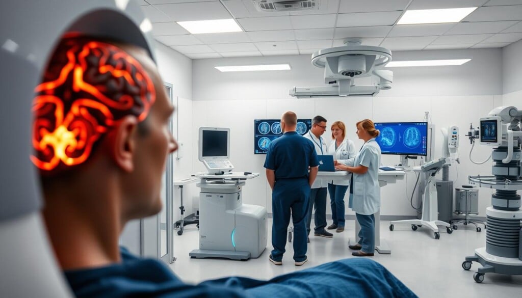 A medical facility interior with modern neurology equipment and treatments. In the foreground, a patient undergoing a brain scan, the machine's intricate design in focus. In the middle ground, a team of doctors and nurses examining test results on high-resolution displays. The background showcases advanced neurological therapies, such as electromagnetic stimulation devices and robotic rehabilitation systems. The lighting is bright and clinical, emphasizing the precision and cutting-edge nature of the treatments. The overall atmosphere conveys a sense of innovation, expertise, and patient-centered care.