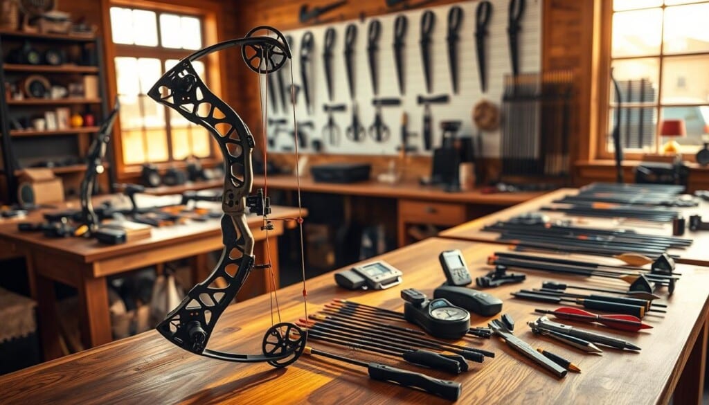 A meticulously crafted archer's workshop, with an array of high-tech bows, arrows, and accessories showcased on hardwood tables. Warm, natural lighting filters through large windows, casting a golden glow over the scene. In the foreground, a cutting-edge compound bow stands prominently, its sleek, ergonomic design hinting at the precision and power it offers. Surrounding it, an assortment of specialized arrow types, each tailored for a specific purpose, arranged in a visually appealing display. In the middle ground, a high-tech archery sight and a digital chronograph sit alongside a set of calipers, highlighting the importance of technical considerations in modern archery. In the background, a wall-mounted display showcases the evolution of archery technology, from traditional longbows to the latest innovations in materials and engineering.