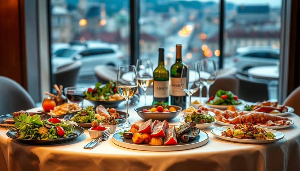 A meticulously curated table, delicately showcasing the harmonious pairing of gourmet dishes and exquisite wine. In the foreground, a pristine white tablecloth sets the stage for a sumptuous spread - crisp greens, succulent meats, and artfully arranged vegetables, each adorned with vibrant colors and textures. Nestled among the culinary delights, a selection of fine glassware and bottles of wine, their labels hinting at the depth of flavor within. Soft, warm lighting casts a sophisticated glow, creating an inviting and intimate atmosphere. In the background, a blurred cityscape or elegant restaurant interior, subtly framing the scene and elevating the overall dining experience. This image epitomizes the refined essence of modern European cuisine, where the perfect balance of food and wine elevates every moment.