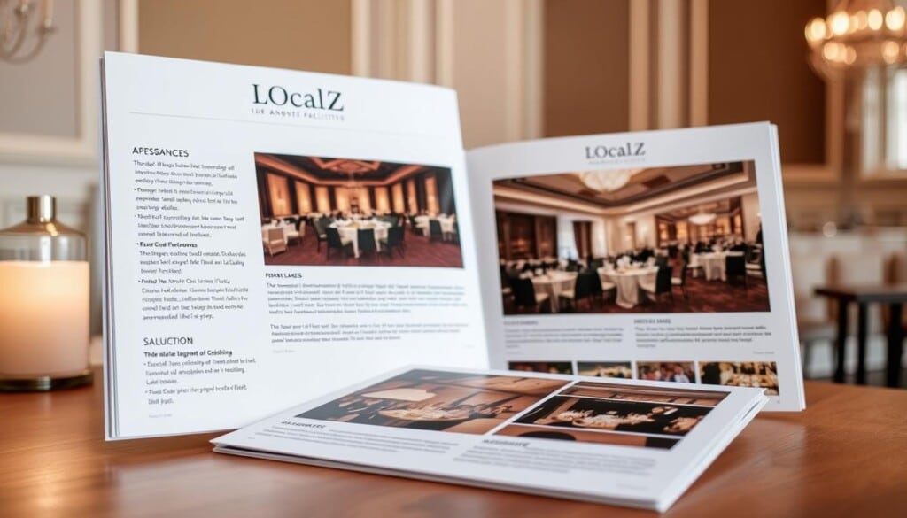 A meticulously designed directory showcasing the elegant and versatile banquet facilities of LocalZ. Situated in a warm, inviting space with soft lighting and clean, modern lines, the directory features high-quality images and detailed information about each venue. The layout is intuitive and visually appealing, drawing the viewer's eye to explore the various options. A sense of sophistication and attention to detail permeates the scene, reflecting the exceptional service and experience that LocalZ provides for memorable events.