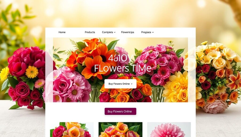 A meticulously designed website interface showcasing an array of vibrant flower bouquets against a soft, blurred background. The foreground features a sleek, minimalist layout with high-resolution photographs of lush, freshly-cut blooms in a variety of colors and styles. The middle ground offers intuitive navigation options and a prominent "Buy Flowers Online" call-to-action button, inviting the user to explore the selection. The background depicts a serene, natural setting, with hints of verdant foliage and a warm, golden lighting that enhances the flowers' natural beauty. The overall composition conveys a sense of elegance, convenience, and the joy of sending or receiving fresh, beautifully-curated floral arrangements.