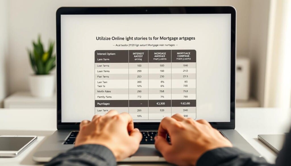 A meticulously detailed comparison of mortgage options, showcased in a sleek, minimalist composition. The foreground features a laptop screen displaying a side-by-side analysis of loan terms, interest rates, and monthly payments. The middle ground depicts a professional's hands expertly navigating the mortgage selection process, while the background subtly suggests a modern, well-appointed home office setting with muted tones and clean, geometric lines. The lighting is soft and natural, creating a sense of clarity and focus, inviting the viewer to immerse themselves in the decision-making experience. This image perfectly encapsulates the essence of "Utilizing Online Directories for Mortgage Company Listings" - a practical, informative, and visually compelling resource for those seeking the best mortgage solutions.