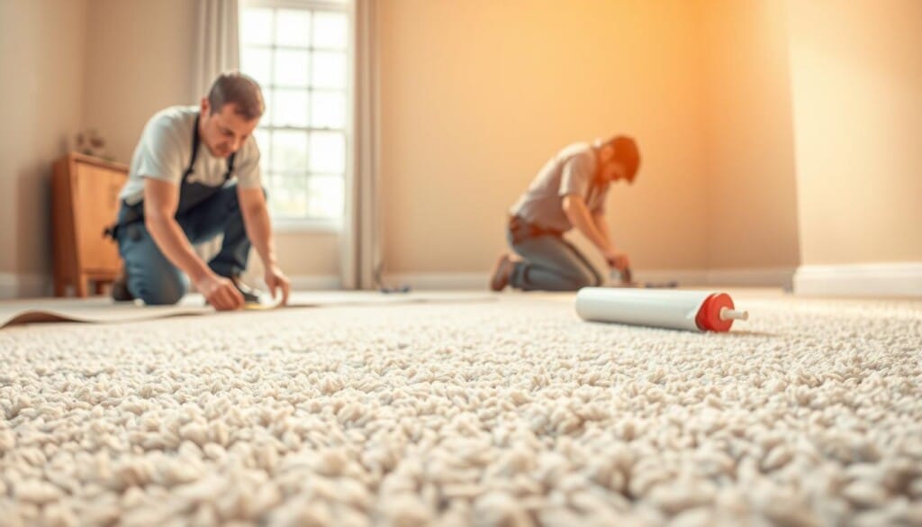 A meticulously detailed illustration of a professional carpet installation process, showcasing the intricate steps and attention to quality. In the foreground, a skilled technician carefully measures and cuts the plush carpet, ensuring a seamless fit. In the middle ground, the technician applies adhesive to the subfloor, preparing the surface for a secure and durable installation. In the background, the room is illuminated by warm, natural lighting, emphasizing the care and precision required for a high-quality carpet installation. The overall scene conveys a sense of expertise, craftsmanship, and the importance of proper preparation for a long-lasting, visually appealing result.