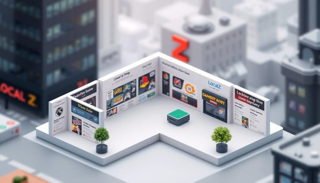A meticulously detailed isometric view of a digital interface resembling a video game store directory, titled "LocalZ". The foreground displays various directory listings for different video game shops, each with their own distinct logos, names, and location details. The middle ground showcases a smooth, minimalist layout with a clean, grid-based structure, allowing for easy navigation. The background features a subtly blurred cityscape, conveying a sense of urban setting. The lighting is soft and even, creating a pleasant, inviting atmosphere. The overall composition emphasizes the intuitive user experience of exploring this comprehensive video game store directory.