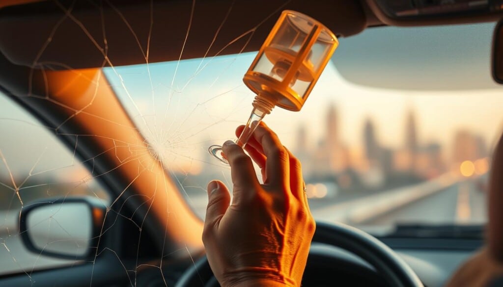 A meticulously lit close-up of a windshield with fine cracks, highlighting the intricate web-like pattern. In the foreground, delicate hands gently apply a specialized resin, the clear liquid smoothing over the damaged surface. The middle ground features the vehicle's dashboard, providing context, while the background blurs into a hazy, out-of-focus cityscape, signifying the serene, concentrated atmosphere of the repair process. Warm, diffused lighting casts a soft, naturalistic glow, creating a sense of care and attention to detail.