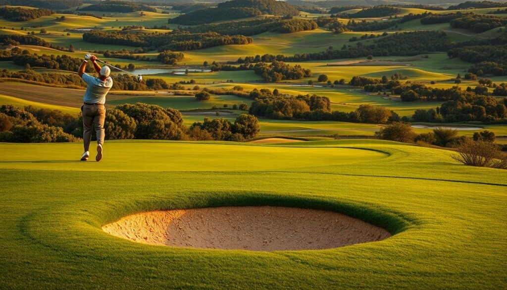 A meticulously manicured golf course unfolds before the viewer, its emerald fairways winding through rolling hills and verdant landscapes. The foreground features a golfer positioned mid-swing, their fluid motion captured in crisp detail by a telephoto lens. The middle ground showcases a carefully maintained sand trap, its grains glistening under the warm, golden lighting of the late afternoon sun. In the background, a panoramic vista of the course stretches out, showcasing strategically placed trees, bunkers, and water hazards that challenge the player's course management skills. An air of serene focus and deliberation permeates the scene, inviting the viewer to immerse themselves in the strategic nuances of the game.