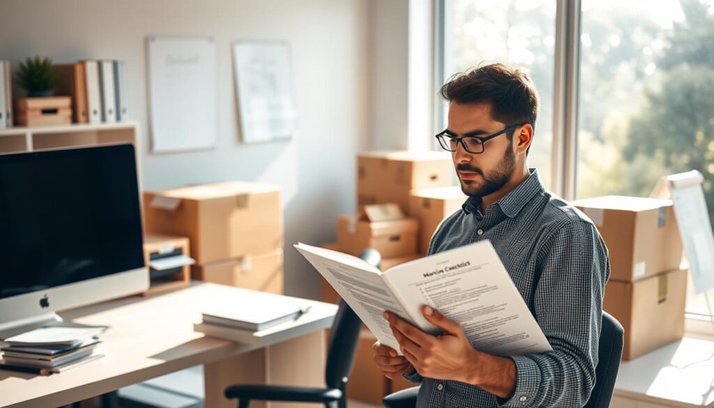 A meticulously organized office space with a well-designed layout, featuring a desktop computer, a stack of files, and a checklist prominently displayed. The lighting is warm and inviting, creating a productive and focused atmosphere. In the foreground, a thoughtful person is studying the checklist, contemplating their next steps in the moving process. The middle ground showcases a selection of moving boxes, neatly arranged and ready for packing. The background depicts a tranquil, sun-dappled window, hinting at the exciting new chapter that lies ahead. The overall composition conveys a sense of preparation, control, and the confidence to navigate the complexities of choosing the right moving company.