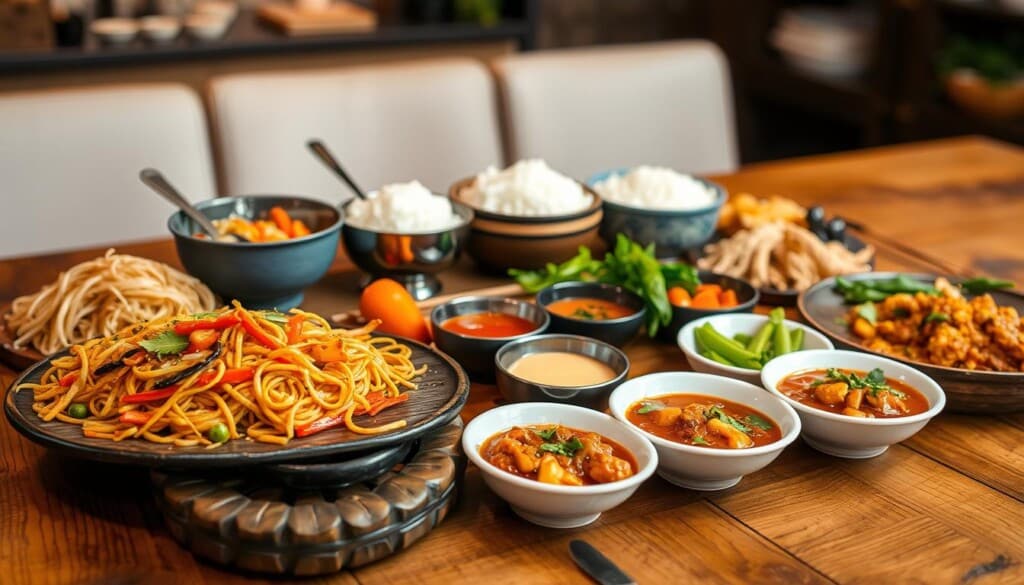 A meticulously prepared gluten-free Asian cuisine platter, artfully arranged on a rustic wooden table. In the foreground, a selection of noodle dishes, vibrant stir-fried vegetables, and fragrant curries, each component prepared with care to cater to dietary restrictions. The middle ground features an array of customizable accompaniments, such as steamed rice, gluten-free sauces, and fresh herbs, allowing diners to tailor their meal to their preferences. The background is softly lit, creating a warm, inviting atmosphere, with subtle hints of Asian-inspired decor in the periphery. The overall scene evokes a sense of culinary exploration and personal choice, reflecting the theme of "Customizing Your Meal: Options and Alternatives".