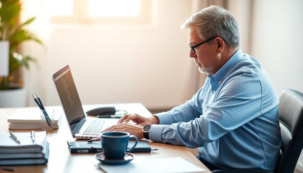 A middle-aged person sitting at a desk, intently searching through an online doctor directory on a laptop screen. The desktop is organized with medical reference books, a pen holder, and a cup of coffee. Soft, natural lighting filters in from a window, casting a warm glow across the scene. The background is blurred, suggesting a professional office environment. The overall mood is one of focused concentration and efficiency as the person navigates the digital medical resources to find the right healthcare provider.