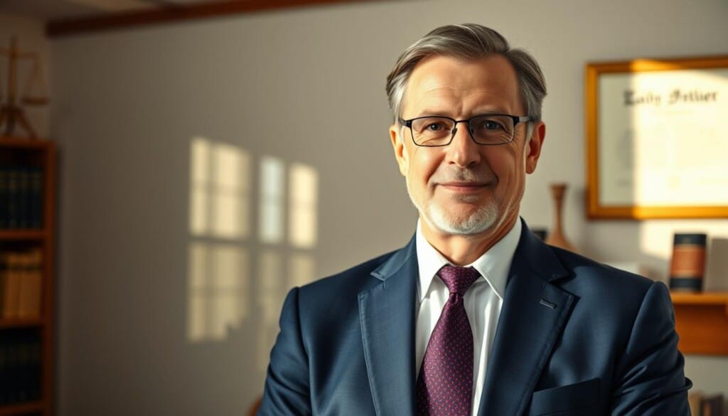 A middle-aged professional legal expert, dressed in a crisp, navy blue suit, stands confidently in a sunlit office, their gaze exuding authority and expertise. The warm, inviting lighting casts a gentle glow on their face, conveying a sense of approachability and trustworthiness. Behind them, a tastefully decorated bookshelf and a large, framed diploma on the wall suggest a successful career and a depth of legal knowledge. The overall scene emanates a sense of professionalism, competence, and a proven track record of delivering exceptional foreclosure attorney services.