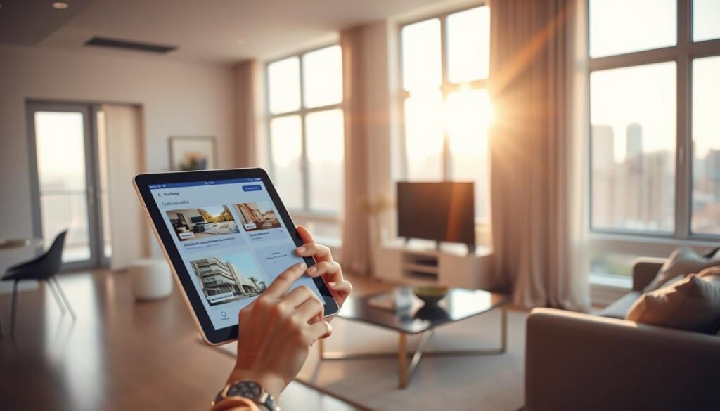 A minimalist and modern apartment interior, flooded with warm natural light streaming through large windows. In the foreground, a person effortlessly interacts with a digital rental booking interface on their tablet, browsing property listings and finalizing their reservation with a few taps. The middle ground showcases a tastefully decorated living space, reflecting a hassle-free, comfortable ambiance. In the background, a city skyline can be seen, hinting at the diverse rental options available. The overall scene conveys a sense of ease, efficiency, and the seamless integration of technology in the rental property booking experience.