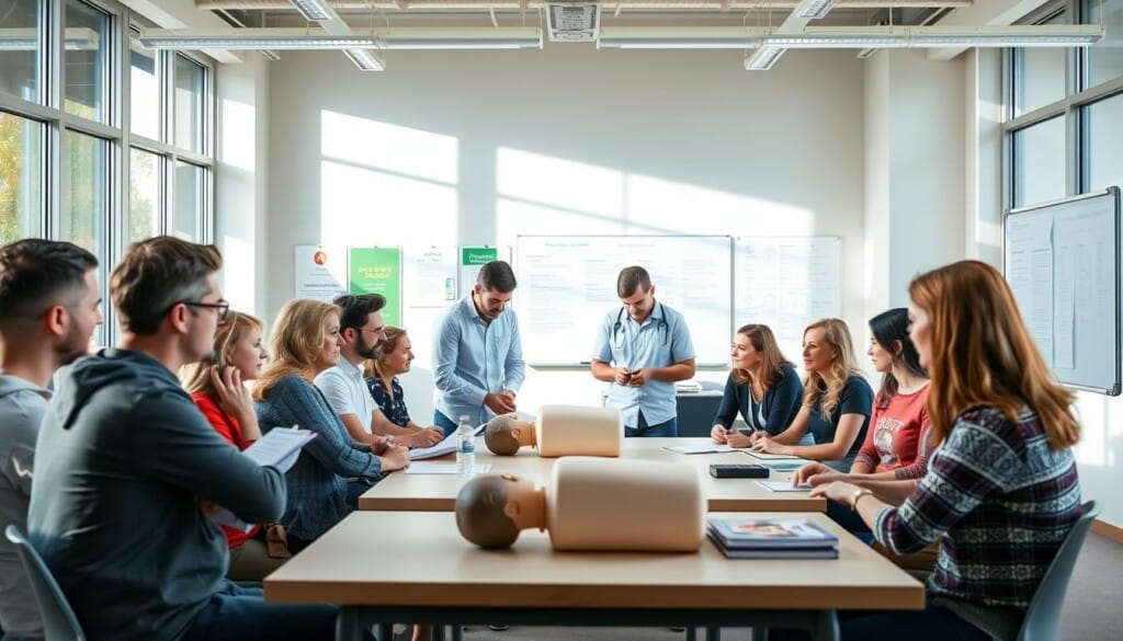 A modern, airy classroom setting with natural lighting streaming in from large windows. In the foreground, a diverse group of people - young and old, men and women - are gathered around a table, intently studying course materials and discussing the steps of CPR. The middle ground features a trained instructor demonstrating proper chest compressions on a CPR dummy, guiding the students. The background showcases educational posters and a whiteboard filled with helpful information. The overall atmosphere is focused, informative, and inspiring, encouraging the viewer to take action and enroll in a CPR class.