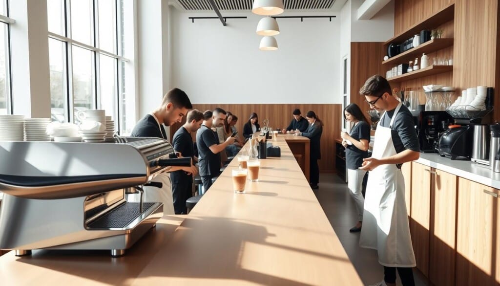 A modern, airy specialty coffee bar with a minimalist, Scandinavian-inspired interior design. Sunlight streams through large windows, illuminating the sleek, wood-paneled walls and the gleaming, chrome-accented espresso machine on the counter. Baristas in crisp, white aprons expertly craft an array of specialty coffee drinks, their movements fluid and practiced. The scent of freshly-ground beans and steamed milk fills the air, creating a warm and inviting atmosphere. In the background, wooden stools line a long counter, where patrons sip their beverages and engage in quiet conversation. The overall vibe is one of contemporary sophistication and a deep appreciation for the art of coffee making.