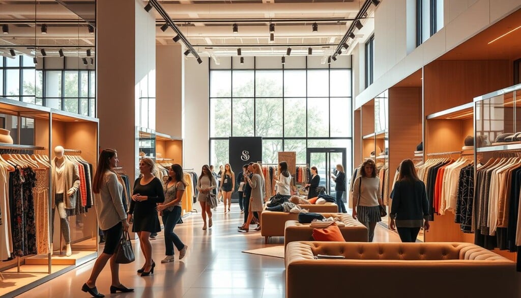 A modern and inviting women's clothing store, bathed in warm, natural light filtering through large windows. Elegant displays showcase the latest fashion trends, with mannequins styled in chic outfits. Customers browse the aisles, admiring the high-quality fabrics and trendy designs. The store's layout is intuitive, with clear signage and ample walking space. Helpful sales associates offer personalized style advice, enhancing the overall shopping experience. Subtle background music creates a relaxed, yet sophisticated ambiance. Plush seating areas allow shoppers to pause and contemplate their purchases. The store's decor features a blend of contemporary and timeless elements, conveying a sense of timeless elegance.