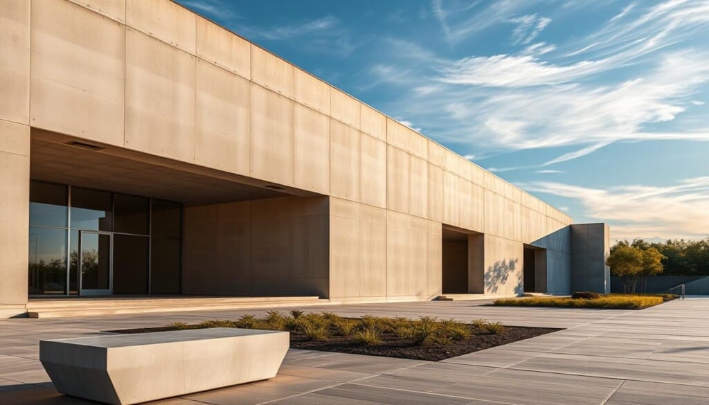A modern and minimalist concrete building facade, showcasing clean lines, sharp angles, and textured surfaces. The structure is illuminated by warm, diffused light, casting subtle shadows that accentuate the architectural details. In the foreground, a sleek, polished concrete bench or seating element invites visitors to pause and admire the building's design. The middle ground features a well-manicured landscaping with low-growing plants, complementing the building's austere yet sophisticated aesthetic. In the background, a clear blue sky with wispy clouds provides a serene and calming backdrop, emphasizing the building's harmonious integration with its surrounding environment.