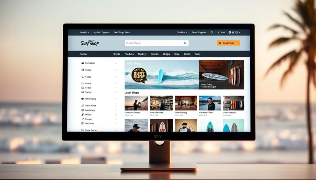 A modern and minimalist online surf shop directory set against a soft, blurred background of ocean waves and distant palm trees. The directory interface is displayed on a large, high-resolution monitor, with a sleek, responsive design showcasing various local surf shops and their product offerings. Warm, natural lighting illuminates the scene, creating a calm and inviting atmosphere. The monitor is positioned at a slightly low angle, conveying a sense of importance and prominence. The overall composition emphasizes the role of online platforms in connecting surf enthusiasts with quality local gear and fostering a thriving surf community.