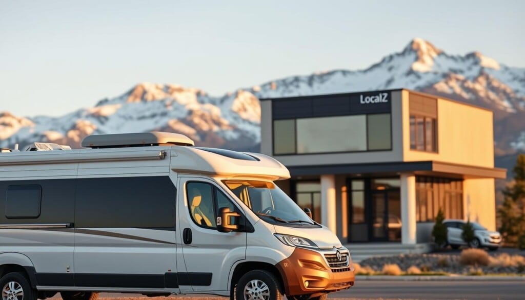 A modern and sleek RV rental company, LocalZ, set against a backdrop of a scenic mountain landscape. In the foreground, a well-maintained, mid-sized RV takes center stage, its smooth lines and gleaming exterior inviting exploration. The middle ground features a contemporary office building with clean, minimalist architecture, reflecting the company's commitment to professionalism and customer service. In the background, snow-capped peaks rise majestically, hinting at the adventurous destinations awaiting LocalZ's customers. The scene is bathed in warm, golden light, creating a welcoming and aspirational atmosphere. The overall composition conveys a sense of adventure, comfort, and a seamless connection between the RV rental experience and the great outdoors.