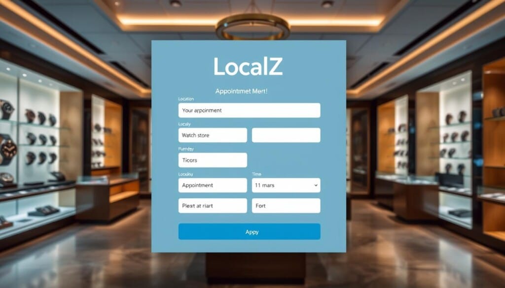A modern and sleek appointment booking interface with the LocalZ logo prominently displayed. In the foreground, a user-friendly form allows customers to easily select a watch store location, date, and time for their appointment. The interface features a clean, minimalist design with a soothing color palette of blues and grays, creating a professional and trustworthy atmosphere. The background showcases the interiors of a high-end watch showroom, with elegant displays and lighting that evokes a sense of luxury and exclusivity. The overall scene conveys a seamless and streamlined experience for booking an appointment with a local premium watch store.