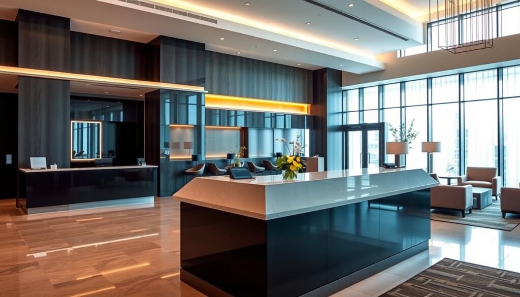 A modern and sophisticated executive hotel lobby, with a sleek and inviting check-in counter in the foreground. The background features a stylish waiting area with plush seating, a concierge desk, and large windows that let in warm, natural lighting. The overall atmosphere conveys a sense of professionalism and attention to detail, with clean lines, muted colors, and subtle accents that create a welcoming and efficient booking experience for extended-stay guests.