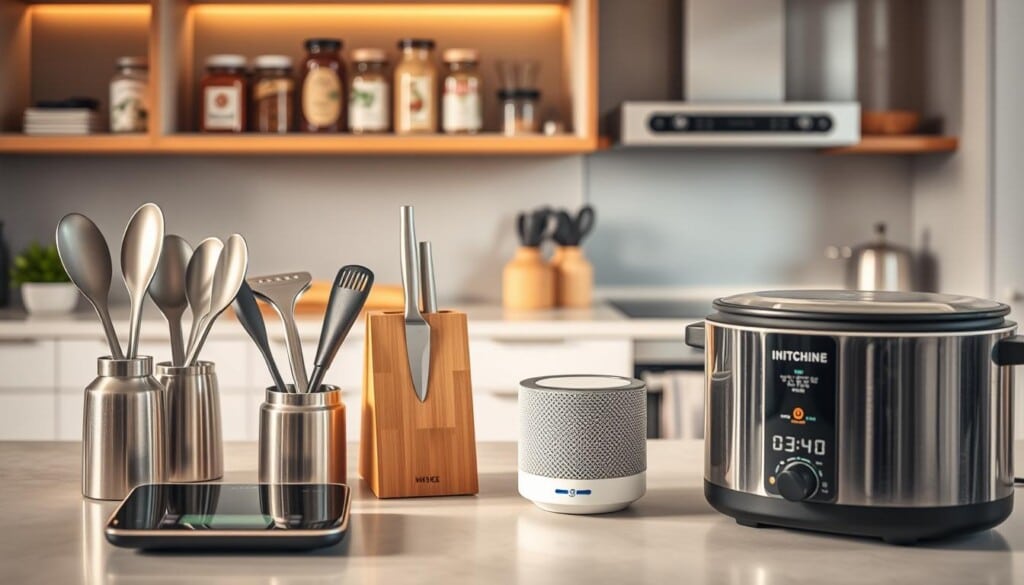 A modern and stylish kitchen counter showcasing a variety of innovative accessories. In the foreground, there are sleek stainless steel utensils, a high-tech digital kitchen scale, and a cutting-edge sous vide cooker. In the middle ground, a minimalist knife block, a hands-free voice-controlled smart speaker, and a compact fruit dehydrator stand out. In the background, a contemporary glass-fronted cabinet displays a collection of artisanal spice jars and a state-of-the-art induction cooktop. The scene is bathed in warm, natural lighting, creating a welcoming and inspirational atmosphere for the modern home cook.