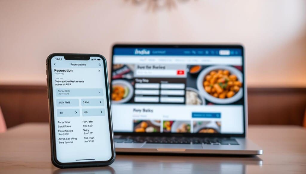 A modern and stylish user interface for online booking options at top-rated Indian restaurants across the USA. In the foreground, a sleek mobile app with a clean layout, showcasing various reservation options - from date/time selection to party size and special requests. In the middle ground, a laptop screen displaying a responsive website with similar booking functionality, complemented by high-quality images of vibrant Indian cuisine. The background sets the scene with a warm, inviting ambiance - soft lighting, subtle Indian-inspired patterns, and a sense of cultural authenticity. The overall mood conveys the convenience and elegance of the online booking experience, reflecting the high-quality dining destinations featured in the article.