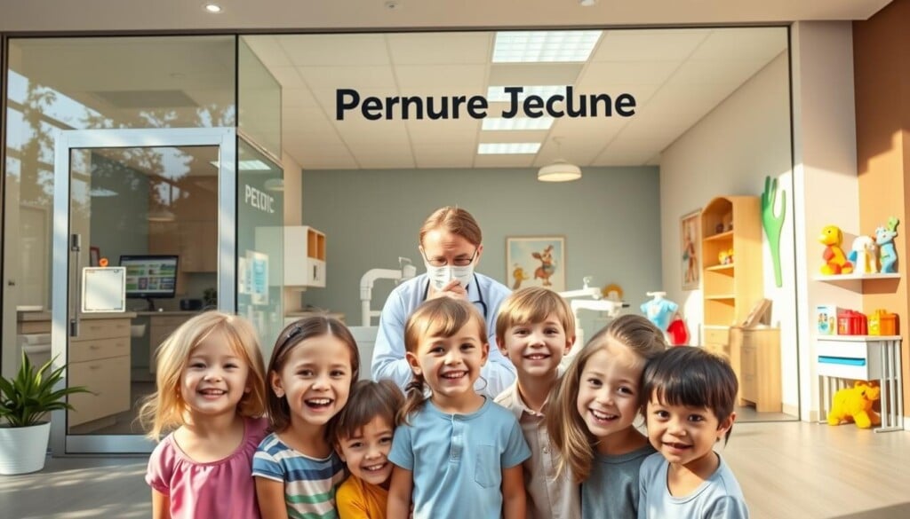 A modern and welcoming pediatric dental clinic, its exterior bathed in warm natural light. In the foreground, a group of smiling children enthusiastically engage with a gentle, attentive dentist. The middle ground showcases the clinic's specialized equipment and cozy examination rooms, designed to put young patients at ease. The background features educational displays and toys, creating a vibrant, child-friendly atmosphere that invites exploration and discovery. The overall scene conveys a sense of trust, professionalism, and a genuine commitment to providing exceptional dental care tailored to the unique needs of children.