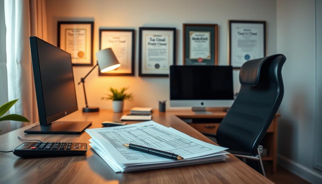 A modern and well-lit home office setting, with a desk, chair, and computer. On the desk, a stack of tax documents, a calculator, and a pen. In the background, framed certificates and diplomas hang on the wall, conveying a sense of expertise and professionalism. Soft, warm lighting from a desk lamp creates a cozy and focused atmosphere, perfect for tackling tax preparation tasks. The overall scene exudes an air of organization, efficiency, and a welcoming environment for the viewer to explore the intricacies of tax services.