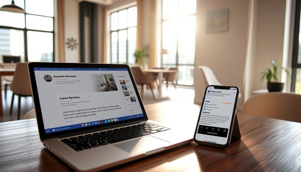 A modern apartment interior with a laptop and smartphone on a wooden desk, displaying online reviews for various home rental listings. The space is well-lit, with natural sunlight streaming in through large windows. The reviews are displayed on the device screens, providing potential renters with valuable information to guide their decision-making process. The overall scene conveys a sense of research, consideration, and the importance of online feedback in the home rental market.