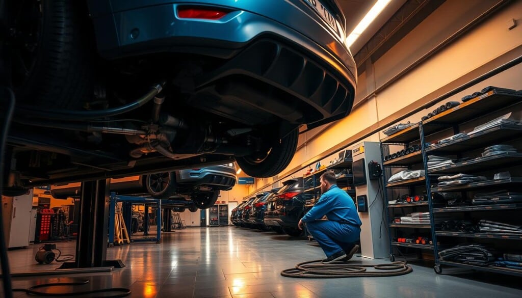 A modern auto repair shop, dimly lit with warm overhead lighting. In the foreground, a vehicle on a hydraulic lift, its underside exposed, as a technician in a blue coverall crouches, performing an emissions test. Hoses and equipment are neatly arranged, conveying the precision of the process. In the middle ground, a row of vehicles awaits their turn, their exhaust pipes connected to a sophisticated testing apparatus. The background features shelves of diagnostic tools and spare parts, creating a sense of a well-equipped facility dedicated to maintaining vehicle efficiency and environmental compliance.