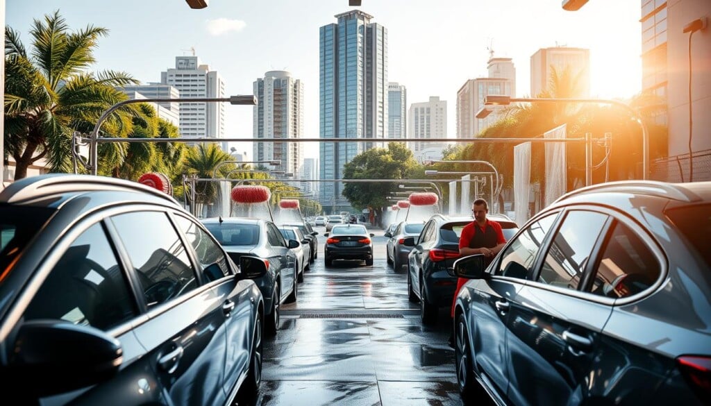 A modern, brightly-lit car wash facility set against a backdrop of a bustling city street. In the foreground, several shiny cars are being scrubbed and rinsed by attentive attendants. The middle ground showcases the car wash's state-of-the-art equipment, with large brushes and high-pressure hoses in motion. In the background, tall buildings and lush greenery create a sense of an urban oasis. The scene is illuminated by warm, natural lighting, casting a welcoming glow over the entire establishment. The overall atmosphere conveys a sense of efficiency, cleanliness, and customer satisfaction.
