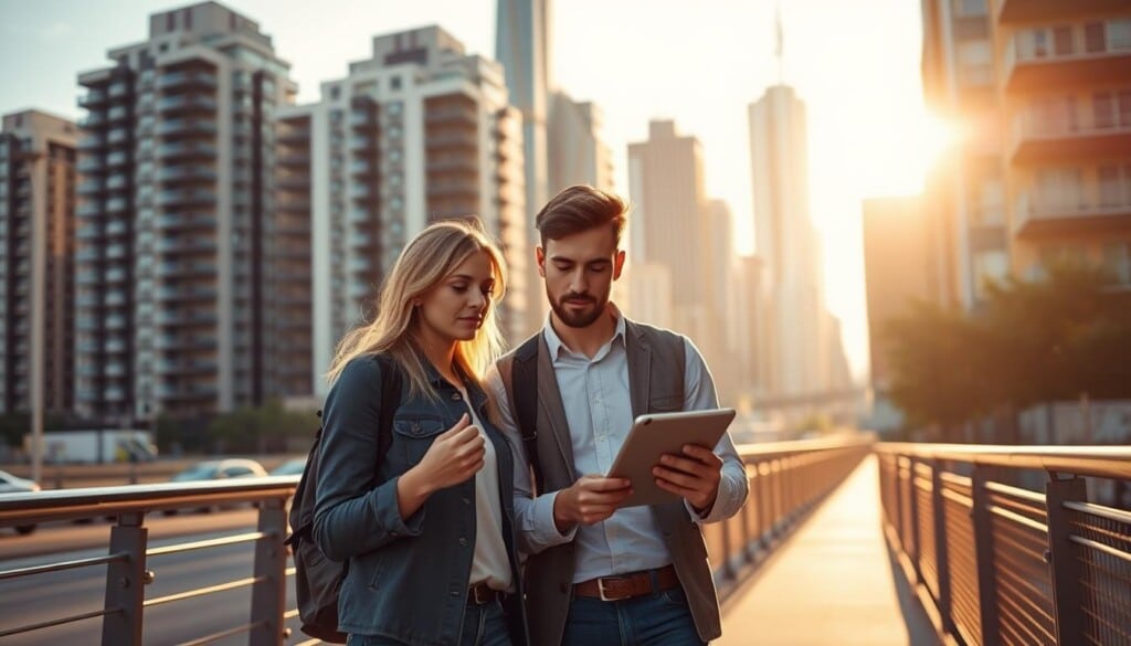 A modern city skyline, with high-rise apartment buildings in the background. In the foreground, a young professional couple is navigating the rental market, examining rental listings on a tablet device. The scene is lit by a warm, golden hour sunlight, casting long shadows on the sidewalk. The couple appears thoughtful and focused, considering their options. The overall tone is one of exploration and discovery, capturing the excitement and challenge of finding the perfect rental home in the bustling urban landscape.