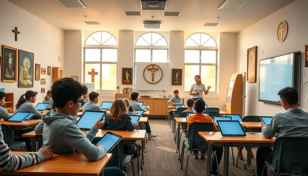 A modern classroom in a religious school, filled with the latest educational technology. In the foreground, students intently study on their sleek tablets, while the teacher guides them using a large interactive whiteboard. The middle ground showcases neatly arranged desks and chairs, creating an organized and focused atmosphere. In the background, the room is illuminated by warm, natural lighting from large windows, casting a serene, contemplative glow. Religious symbols and artwork adorn the walls, seamlessly integrating spirituality and technology. The overall scene conveys a harmonious blend of academic rigor and devotional practice, highlighting the role of innovative tools in religious school education.