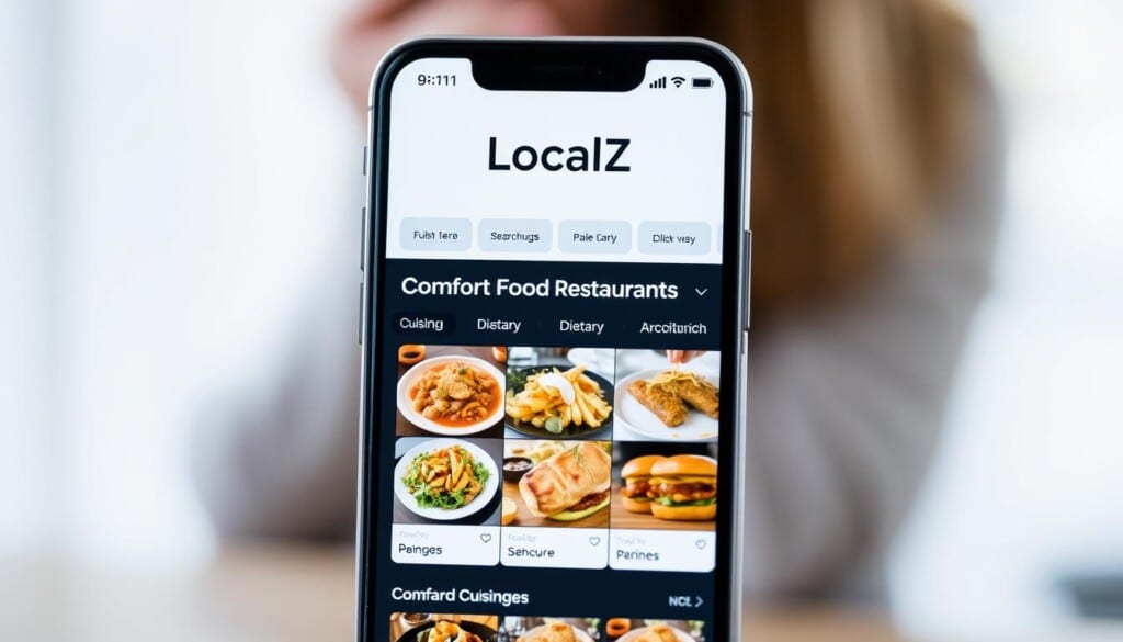 A modern, clean-designed mobile app interface displaying the "LocalZ" logo prominently. The main screen shows a search bar and several filter options for "Comfort Food Restaurants" - such as cuisine type, price range, dietary preferences, and proximity. The middle ground features a grid of appetizing food images from different restaurants, while the background blurs softly with a muted color scheme evoking warmth and coziness. The overall composition conveys an intuitive, user-friendly experience that seamlessly connects hungry customers to their desired comfort food options.