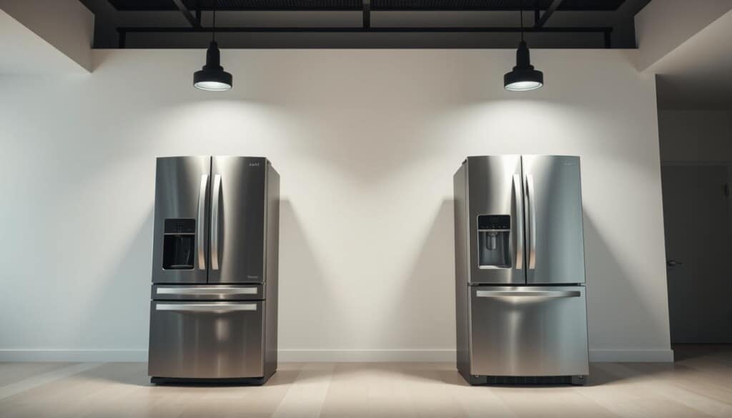 A modern, clean-lined home interior with a focus on two appliances side-by-side - one in a state of disrepair, the other brand new. Bright studio lighting from above captures the contrast, highlighting the cost differential through their visual condition. The background is a sparse, minimalist setting, drawing the viewer's attention to the central comparative elements. Sleek, metallic finishes on the appliances convey a sense of high-quality craftsmanship, while a muted color palette evokes a sense of thoughtful consideration around the repair versus replace decision.