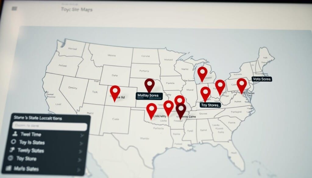 A modern, clean toy store locator interface displaying a detailed map of the USA, with prominent markers highlighting the locations of popular toy stores. The foreground features an intuitive user interface with sleek icons, clear labels, and an uncluttered layout. The middle ground showcases a zoomable map, with state borders and major cities visible. The background provides a subtle gradient or pattern, creating a sense of depth and professionalism. The lighting is natural and diffused, creating a warm, inviting atmosphere. The camera angle is slightly elevated, providing an overview of the application's functionality. The overall mood is one of discovery, exploration, and excitement for finding the best toy stores in the country.
