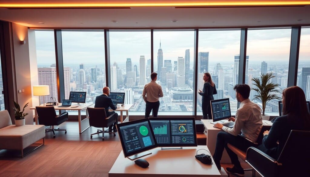 A modern commercial property management office with an expansive panoramic window overlooking a bustling city skyline. The interior is sleek and sophisticated, featuring minimalist furniture and clean lines. Warm ambient lighting casts a soft glow, creating a professional yet inviting atmosphere. In the foreground, a team of efficient property managers collaborate at their desks, discussing strategies to optimize asset performance and tenant satisfaction. The middle ground showcases a state-of-the-art control panel, providing real-time insights into property operations. In the background, the cityscape beyond the window symbolizes the thriving real estate market, hinting at the company's expertise in maximizing client success.