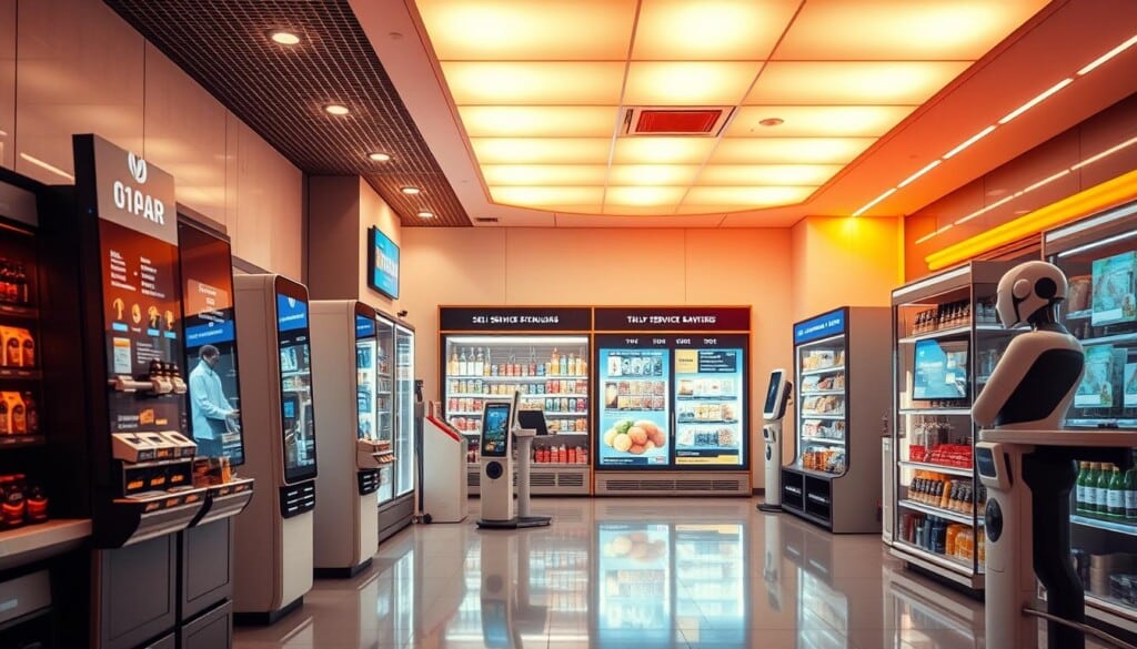 A modern convenience store interior, bathed in warm, inviting lighting. In the foreground, a variety of self-service technologies - from touchscreen ordering kiosks to robotic checkout counters. The middle ground showcases innovative product displays, with holographic shelving and interactive touchscreens highlighting the latest offerings. In the background, a sleek, minimalist design with clean lines and a futuristic aesthetic. The atmosphere conveys a sense of efficiency, technology, and a commitment to redefining the traditional convenience store experience.