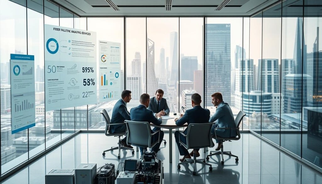 A modern corporate office with sleek glass walls and natural light filtering through. In the foreground, a group of professionals in business attire sit around a conference table, deep in discussion. On the walls, informative infographics and data visualizations illustrate the key factors in choosing a reliable facilities management service provider. The middle ground showcases an array of equipment and tools, representing the technological capabilities of the services. In the background, a cityscape with towering skyscrapers and bustling streets conveys a sense of a thriving urban environment. The overall atmosphere is one of professionalism, efficiency, and a commitment to providing top-notch facilities management solutions.