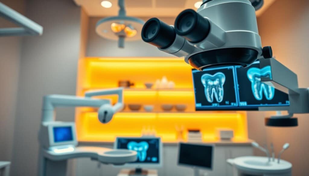 A modern dental clinic interior with state-of-the-art endodontic technology. In the foreground, a closeup of a high-precision dental microscope with advanced optics, illuminated by warm overhead lighting. In the middle ground, a sleek digital X-ray machine and a display showing a detailed scan of a tooth root canal. In the background, shelves with professional dental instruments and a serene, calming atmosphere created by soft neutral tones and indirect lighting. The overall scene conveys a sense of clinical excellence, cutting-edge medical technology, and a patient-centric approach to endodontic care.