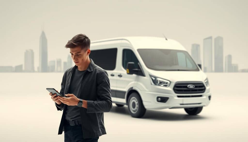 A modern digital van rental service set against a sleek, minimalist backdrop. In the foreground, a young professional accesses a rental app on their smartphone, while in the middle ground, a clean, white van with a contemporary design awaits. The background features a subtle urban landscape with a touch of futurism - clean lines, towering glass buildings, and a sense of technological progress. The lighting is soft and indirect, creating a calm, efficient atmosphere. The overall tone conveys the ease and convenience of van rental in the digital age, catering to the needs of the modern traveler.