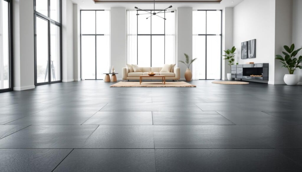 A modern, elegant living room with a focus on flooring trends. The foreground features a seamless, matte black tile floor with subtle textural variation, creating a sleek and sophisticated foundation. In the middle ground, plush, natural-toned area rugs in geometric patterns add warmth and visual interest. The background showcases large windows that flood the space with soft, diffused natural lighting, highlighting the beauty of the flooring. Clean, minimalist furniture and decor elements complement the flooring, fostering a serene, harmonious atmosphere that embodies the latest interior design aesthetic.