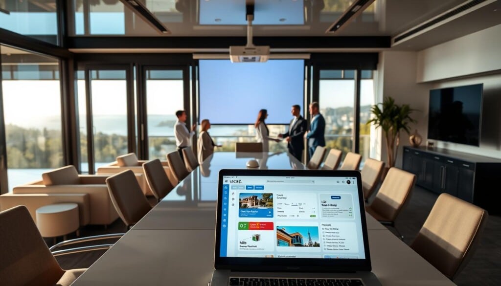 A modern, elegant office interior with sleek furnishings and large windows overlooking a serene landscape. The space features a large conference table surrounded by comfortable chairs, with a state-of-the-art projector and screen setup for presentations. In the foreground, a laptop and tablet are placed, showcasing the LocalZ software interface. The middle ground depicts a team of property managers collaborating and discussing property details. The background reveals a panoramic view of a coastal town, conveying a sense of coastal luxury and tranquility. The lighting is soft and natural, creating a warm and inviting atmosphere. The overall composition suggests the ease, efficiency, and professionalism of the LocalZ platform for property owners.